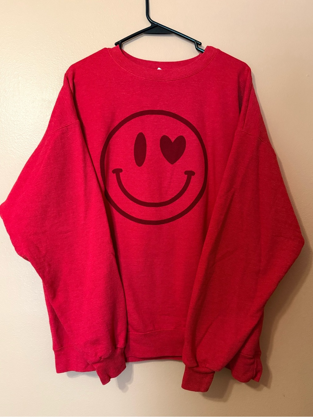 Hanes Red Crewneck with Heart-Eye Smiley Graphic